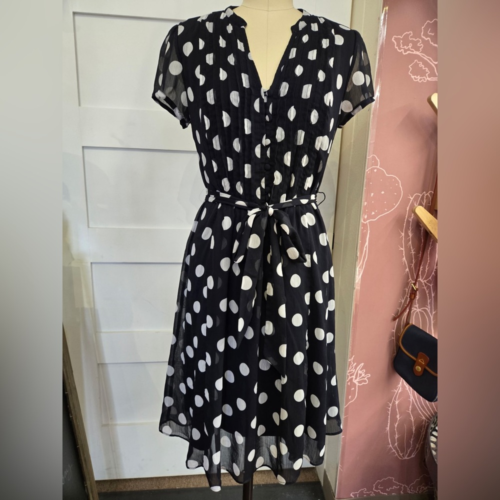 JBS vintage Polka dot fit and flare chiffon pleated v neck mini dress size 6